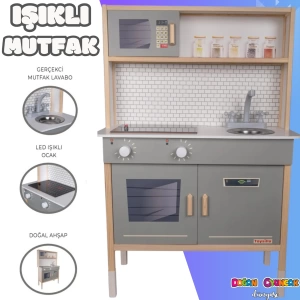 Delüx Işıklı Hamarat Ahşap Mutfak - Ahşap Çocuk Mutfağı - Mutfak Seti - Kapaklı Mutfak - Gri