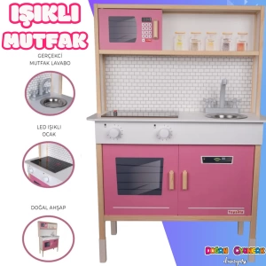 Delüx Işıklı Hamarat Ahşap Mutfak - Ahşap Çocuk Mutfağı - Mutfak Seti - Kapaklı Mutfak - Pembe