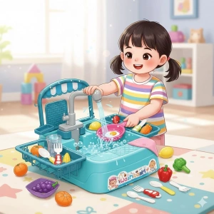 Mavi Su Akıtan Mutfak Lavabosu Seti - Çeşmeli Sesli Lavabo - Mutfak Seti - Su Akan Musluk - Akan Musluk Oyuncak