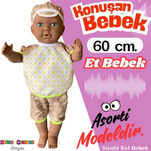Oynar Gözlü Türkçe Konuşan Siyahi Berke Kel Et Bebek 60 Cm. - Konuşabilen Bebek - Kel Büyük Bebek