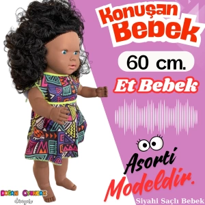 Oynar Gözlü Türkçe Konuşan Siyahi Nazlı Saçlı Et Bebek 60 Cm. - Konuşabilen Bebek - Saçlı Büyük Bebek