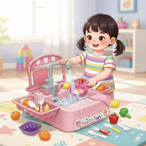 Pembe Su Akıtan Mutfak Lavabosu Seti - Çeşmeli Sesli Lavabo - Mutfak Seti - Su Akan Musluk - Akan Musluk Oyuncak