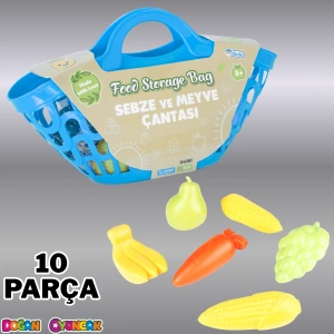 Sebze ve Meyve Çantası Mavi - Meyve Sebze Sepeti - Piknik Sepeti Oyuncak Meyveler - Oyuncak Sebzeler - Mutfak Oyuncakları