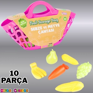 Sebze ve Meyve Çantası Pembe - Meyve Sebze Sepeti - Piknik Sepeti Oyuncak Meyveler - Oyuncak Sebzeler - Mutfak Oyuncakları