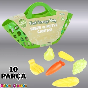 Sebze ve Meyve Çantası Yeşil - Meyve Sebze Sepeti - Piknik Sepeti Oyuncak Meyveler - Oyuncak Sebzeler - Mutfak Oyuncakları