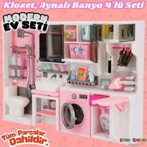 Ütü, Ayna, Tuvalet ve Çamaşır Makinesi Banyo Seti - Modern Banyo Seti - Banyo Oyuncak Seti - Ütü, Klozet, Tuvalet, Aynalı Lavabo, Çamaşır Makinesi Oyuncak
