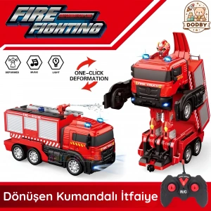 Uzaktan Kumandalı Dönüşebilen İtfaiye Arabası - Su Atan İtfaiye Aracı Işıkllı Robota Dönüşen İtfaiye