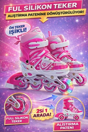 Slikon Tekerli Pembe Paten 35-38 Numara - Silikon Tekerli Paten Alıştırma Pateni - Silikon Tekerlekli