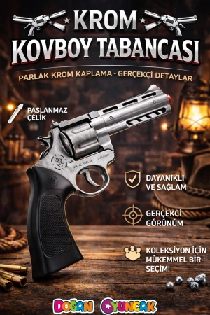 Mantar Patlatan Metal Krom Kovboy Tabancası - Metal Kovboy Silahı Çelik Mantar Silahı
