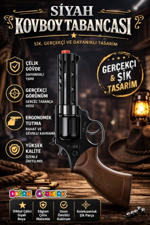 Mantar Patlatan Metal Siyah Kovboy Tabancası - Metal Kovboy Silahı Çelik Mantar Silahı
