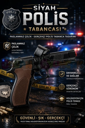 Mantar Patlatan Metal Siyah Polis Tabancası - Metal Polis Silahı Çelik Mantar Silahı