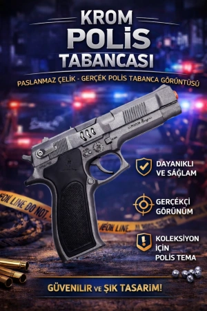 Mantar Patlatan Metal Krom Polis Tabancası - Metal Polis Silahı Çelik Mantar Silahı