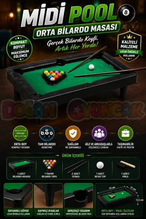 Midi Pool Orta Bilardo Masası - Bilardo Maçı - Bilardo Oyuncak - 8 Ball Oyunu - Büyük Bilardo Seti - Bilardo Oyuncağı