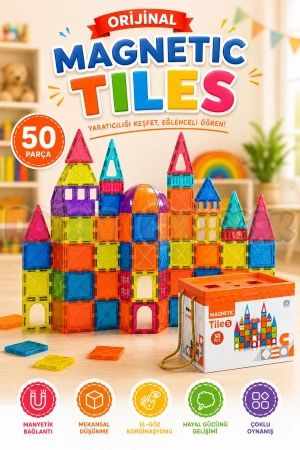 Orijinal Magnetic Tiles 50 Parça Manyetik Lego - Magnetic Magical Magnet - Mıknatıslı Lego