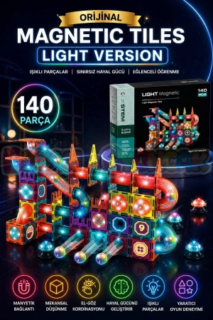 Orijinal Magnetic Tiles Light Version 140 Parça Işıklı Manyetik Lego - Magnetic Magical Işıklı Magnet - Ledli Mıknatıslı Lego