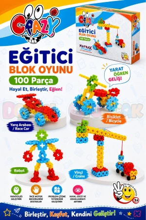 Crazy Eğitici Blok Oyunu 100 Parça - Oyuncak Lego Seti - Birbirine Geçmeli STEM Lego Seti - Eğitici Oyuncak
