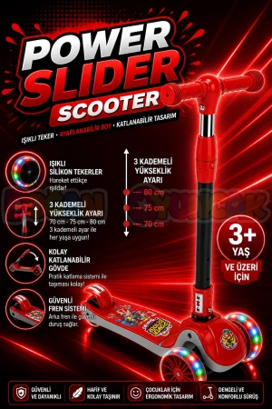 Power Slider Kırmızı Katlanabilir 3 Tekerlekli Scooter - Işıklı Scooter - Çocuk Scooter - Slikon Teker