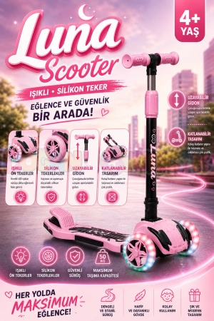 Cool Wheels Pembe Luna Işıklı 3 Tekerlekli Katlanabilir Scooter - CoolWheels Scooter - Çocuk Scooter
