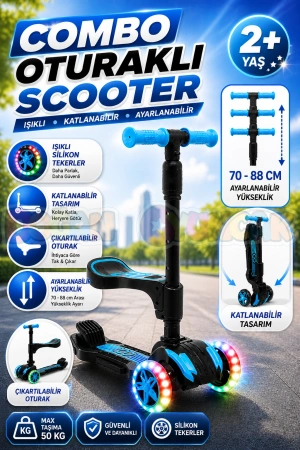 Cool Wheels Oturaklı Mavi Combo Işıklı 3 Tekerlekli Katlanabilir Scooter - CoolWheels Scooter - Çocuk Scooter