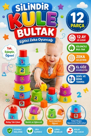 Silindir Kule Bultak - Bultak Lego - Bebek Oyuncağı - Şekil Takmaca - Kule Oyunu