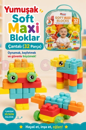 Yumuşak Soft Maxi Bloklar Çantalı (32 Parça) - Soft Yumuşak Bloklar - Büyük Soft Lego Oyuncakları - Yumuşak Lego - Soft Lego