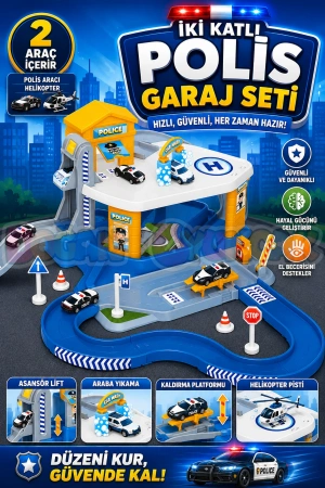 İki Katlı Polis Garaj Seti - Otopark Seti - Araba Seti - Araç Seti - Araba Oyunu - İki Katlı Garaj