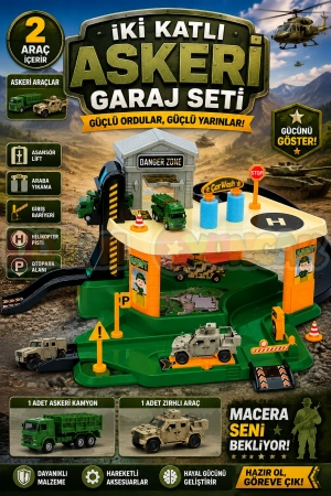 İki Katlı Askeri Garaj Seti - Otopark Seti - Araba Seti - Askeri Oyuncak - İki Katlı Garaj