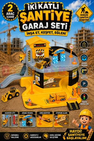 İki Katlı Şantiye Garaj Seti - Otopark Seti - Araba Seti - İnşaat Oyuncak - İki Katlı Garaj