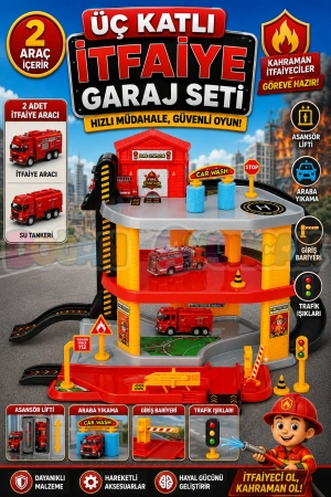 Üç Katlı İtfaiye Garaj Seti - Otopark Seti - Araba Seti - İtfaye Oyuncak - Üç Katlı Garaj