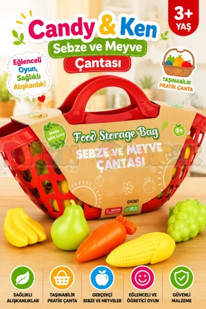 Sebze ve Meyve Çantası Kırmızı - Meyve Sebze Sepeti - Piknik Sepeti Oyuncak Meyveler - Oyuncak Sebzeler - Mutfak Oyuncakları