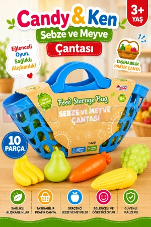 Sebze ve Meyve Çantası Mavi - Meyve Sebze Sepeti - Piknik Sepeti Oyuncak Meyveler - Oyuncak Sebzeler - Mutfak Oyuncakları