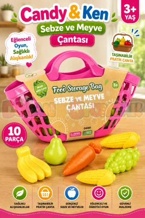 Sebze ve Meyve Çantası Pembe - Meyve Sebze Sepeti - Piknik Sepeti Oyuncak Meyveler - Oyuncak Sebzeler - Mutfak Oyuncakları