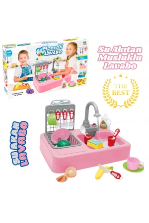 Su Akıtan Modern Mutfak Seti - Çeşmeli Işıklı ve Sesli Lavabo - Mutfak Seti - Su Akan Musluk - Pembe