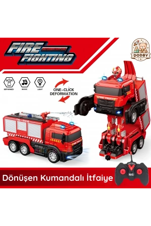 Uzaktan Kumandalı Dönüşebilen İtfaiye Arabası - Su Atan İtfaiye Aracı Işıkllı Robota Dönüşen İtfaiye