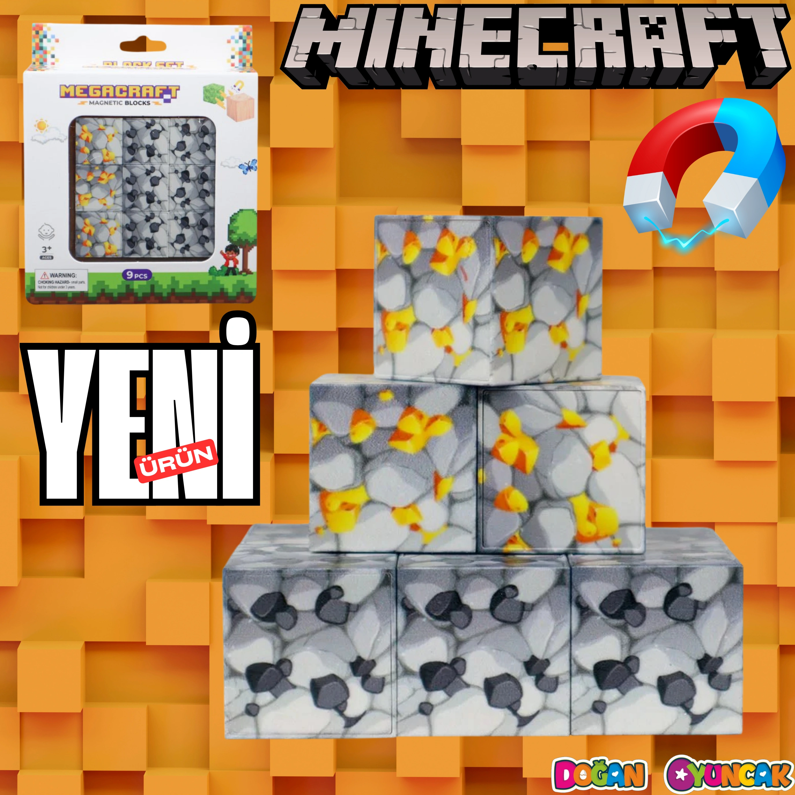 Minecraft Altın ve Kömür Desenli Blok Manyetik Lego Minecraft Manyetik Lego Minecraft Lego Megacraft Lego Seti Megnetic Blocks