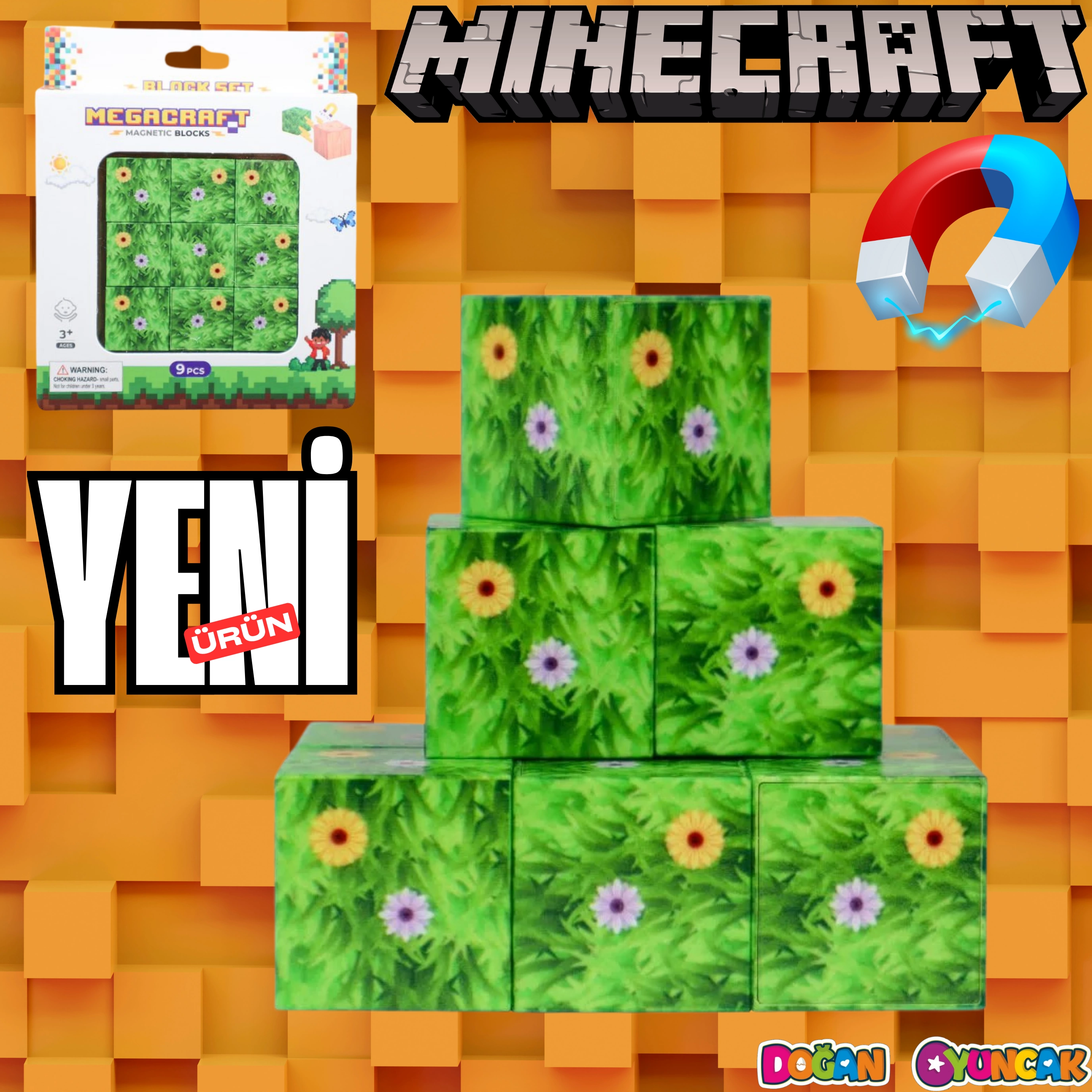 Minecraft Çiçekli Çim Desenli Blok Manyetik Lego Minecraft Manyetik Lego Minecraft Lego Megacraft Lego Seti Megnetic Blocks