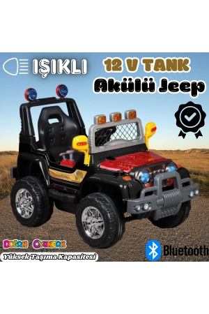 Işıklı Mega Akülü Araba Siyah - 12 Volt Tek Kişilik Akülü Araba Akülü JEEP - Mega Off Road Turbo Jeep