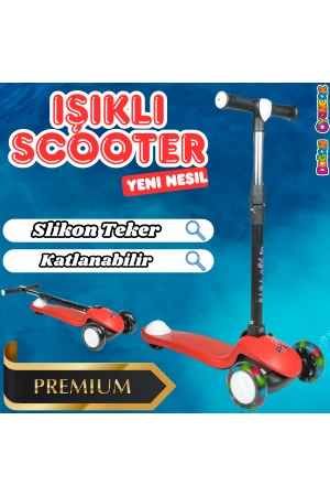 Lupa Katlanabilir Işıklı 3 Tekerlekli Kırmızı Scooter - Işıklı Scooter - Slikon Teker Scooter - Çocuk Scooter - İttir Git