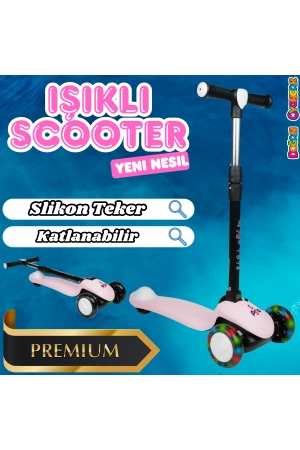 Lupa Katlanabilir Işıklı 3 Tekerlekli Pembe Scooter - Işıklı Scooter - Slikon Teker Scooter - Çocuk Scooter - İttir Git