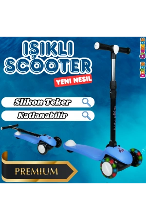 Lupa Katlanabilir Işıklı 3 Tekerlekli Mavi Scooter - Işıklı Scooter - Slikon Teker Scooter - Çocuk Scooter - İttir Git