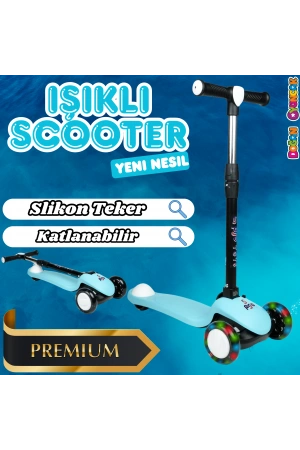Lupa Katlanabilir Işıklı 3 Tekerlekli Turkuaz Scooter - Işıklı Scooter - Slikon Teker Scooter - Çocuk Scooter - İttir Git