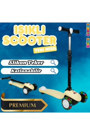 Lupa Katlanabilir Işıklı 3 Tekerlekli Sarı Scooter - Işıklı Scooter - Slikon Teker Scooter - Çocuk Scooter - İttir Git