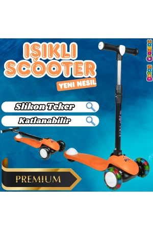 Lupa Katlanabilir Işıklı 3 Tekerlekli Turuncu Scooter - Işıklı Scooter - Slikon Teker Scooter - Çocuk Scooter - İttir Git