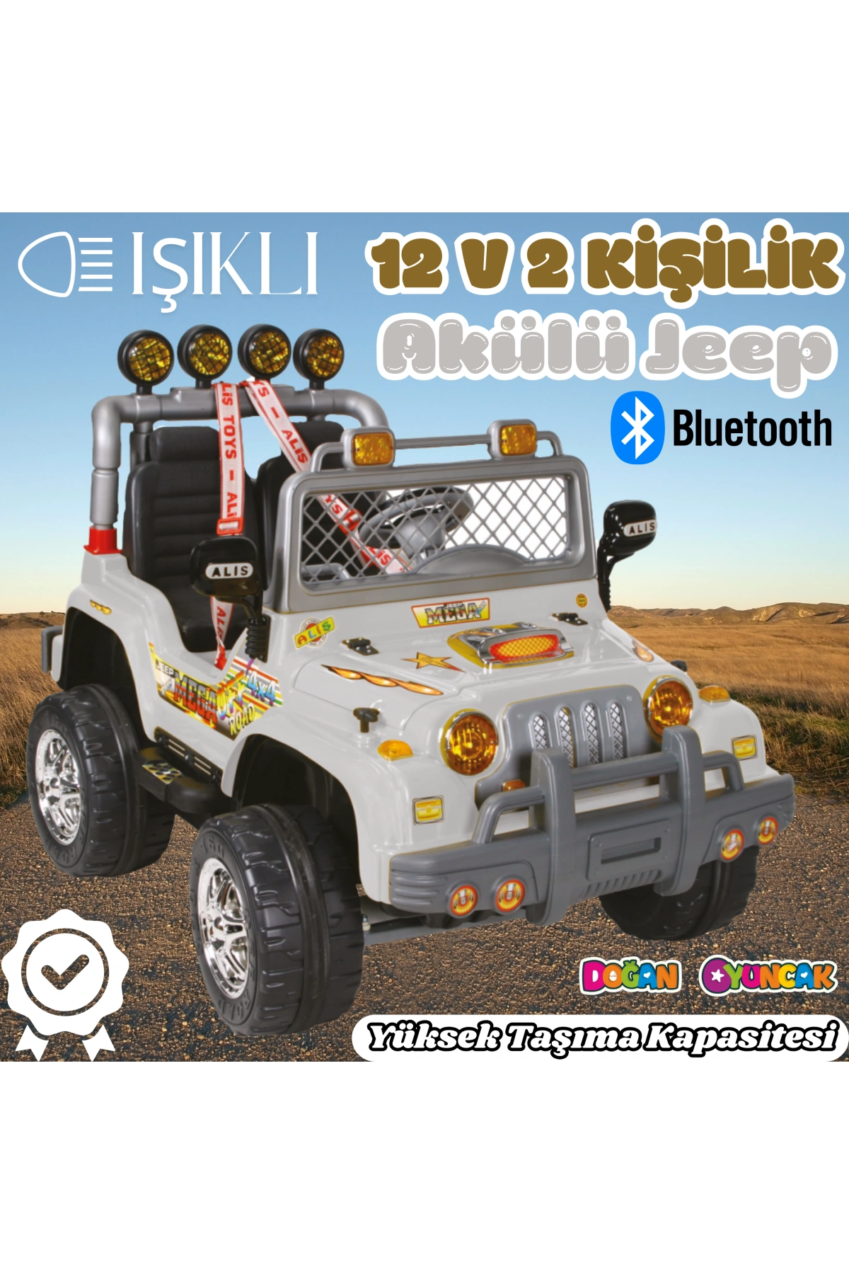 Çift Kişilik Mega Akülü Araba Gri - 12 Volt İki Kişilik Akülü Araba Akülü JEEP - Mega Off Road Turbo Jeep