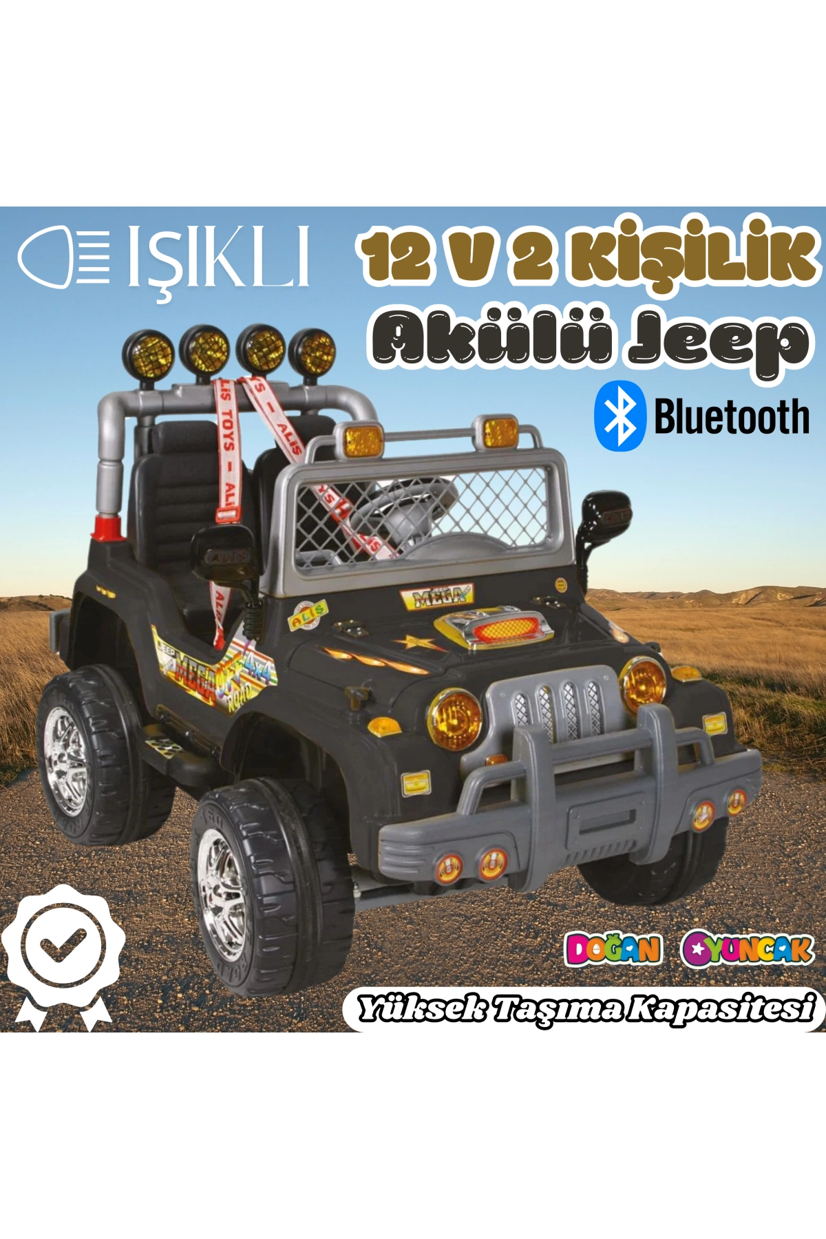 Çift Kişilik Mega Akülü Araba Siyah - 12 Volt İki Kişilik Akülü Araba Akülü JEEP - Mega Off Road Turbo Jeep