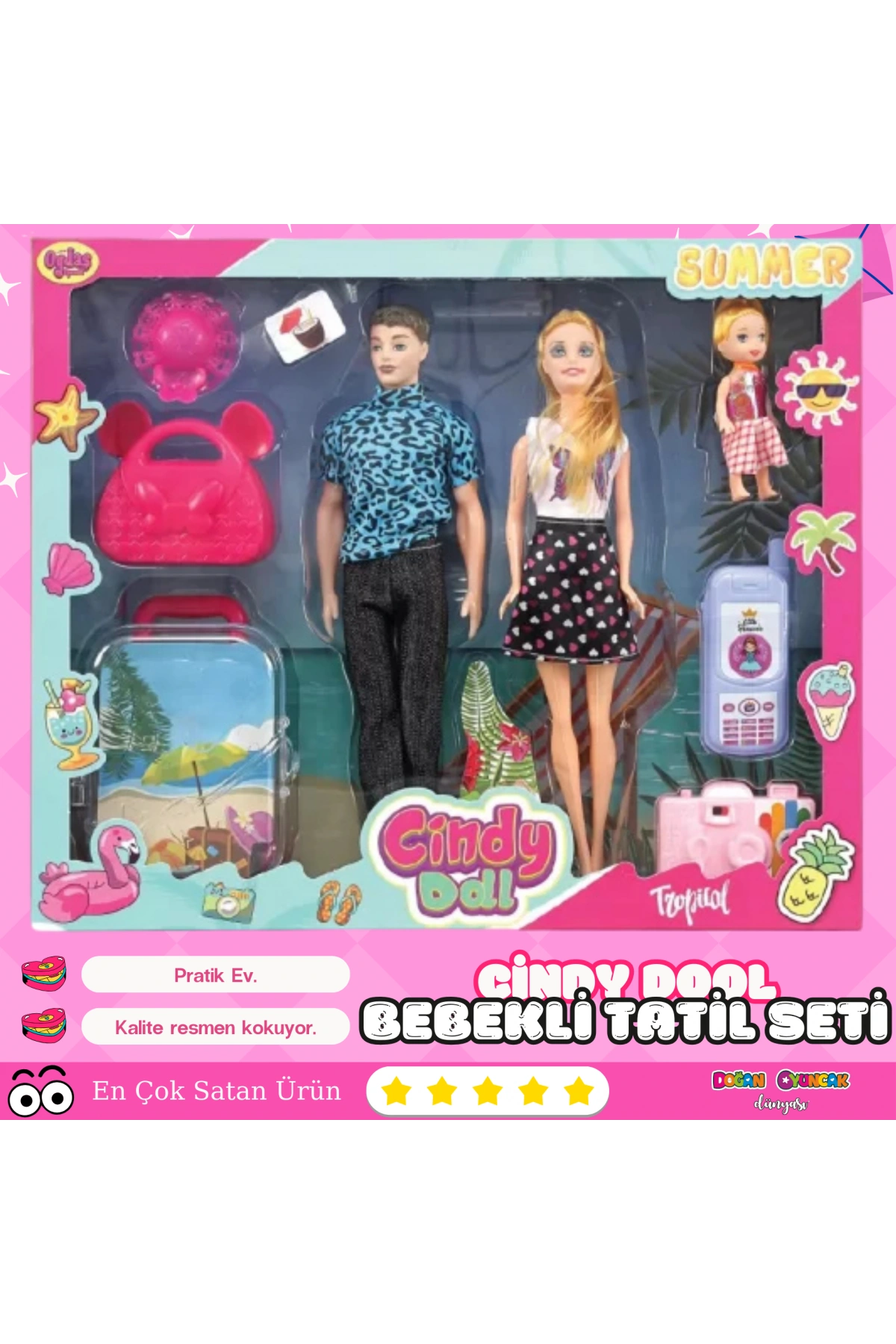 Cindy Doll Aile Tatil Seti - Aksesuarlı Bebek Seti - Oyuncak Tatil Seti - Gelin Damat Oyuncak Aile Oyuncak