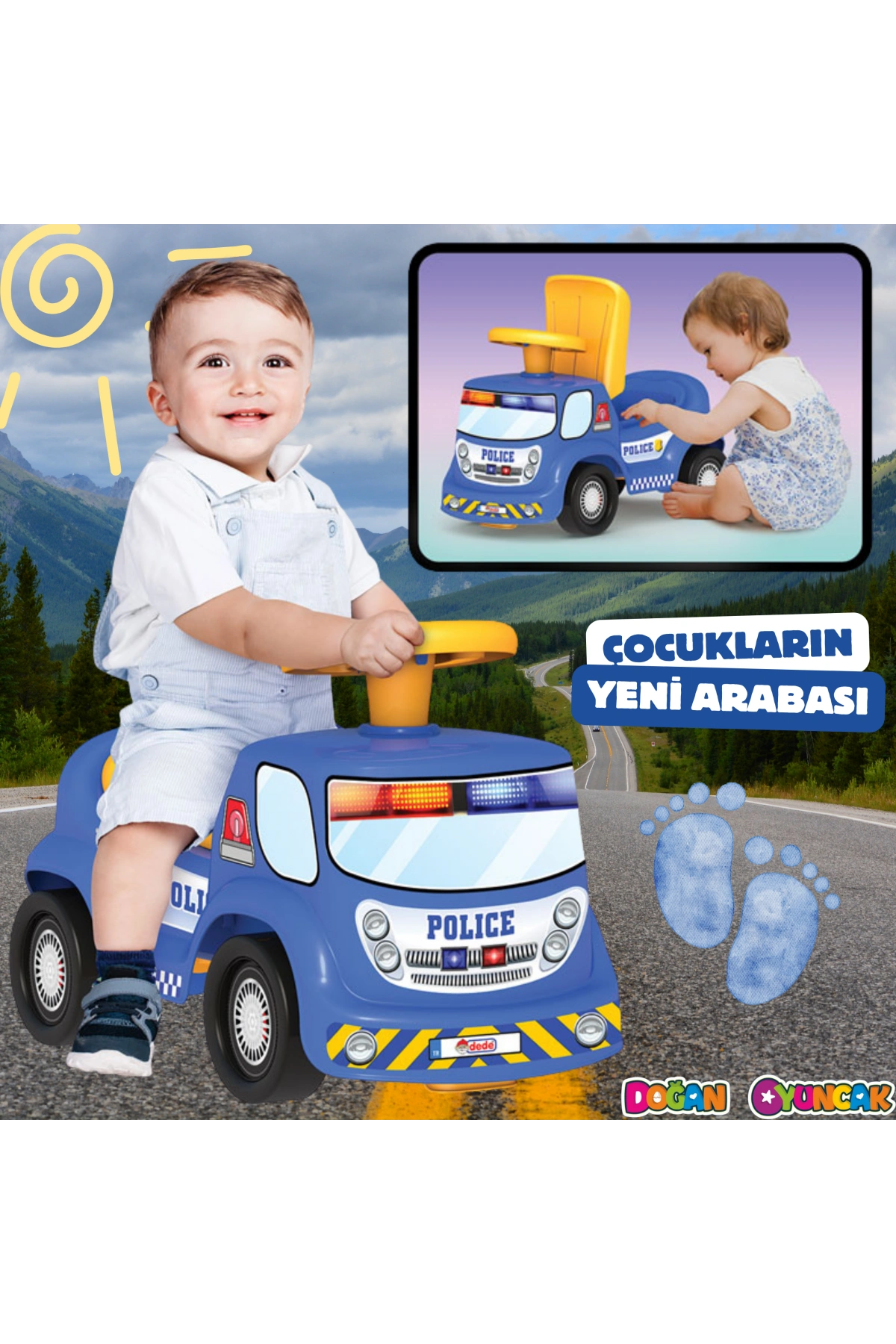 Go Hero Polis Arabası - Binmeli Araba İlk Arabam - Çocuk Arabası - İlk Adım Arabası - 4 Teker Araç