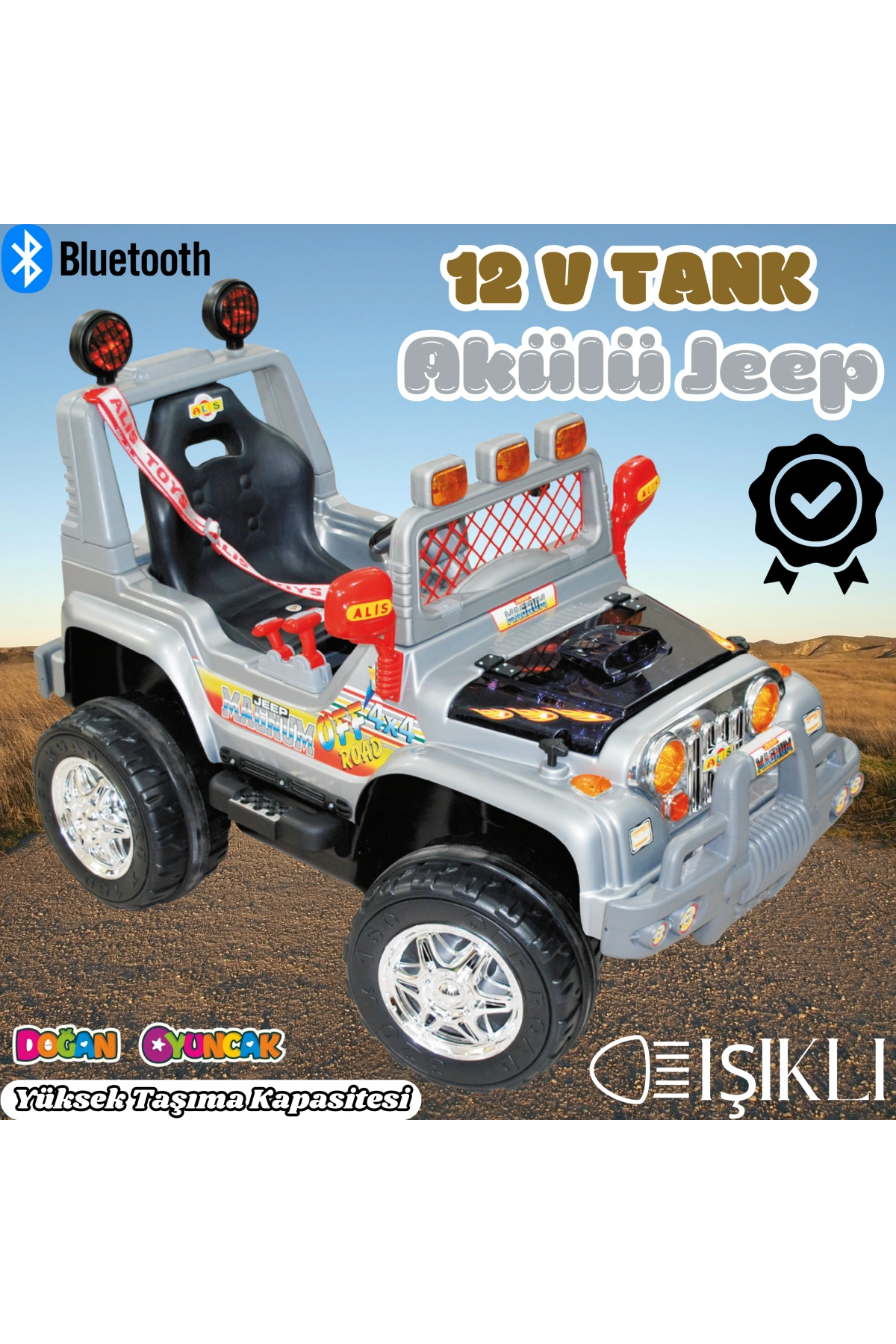 Işıklı Mega Akülü Araba Gri - 12 Volt Tek Kişilik Akülü Araba Akülü JEEP - Mega Off Road Turbo Jeep