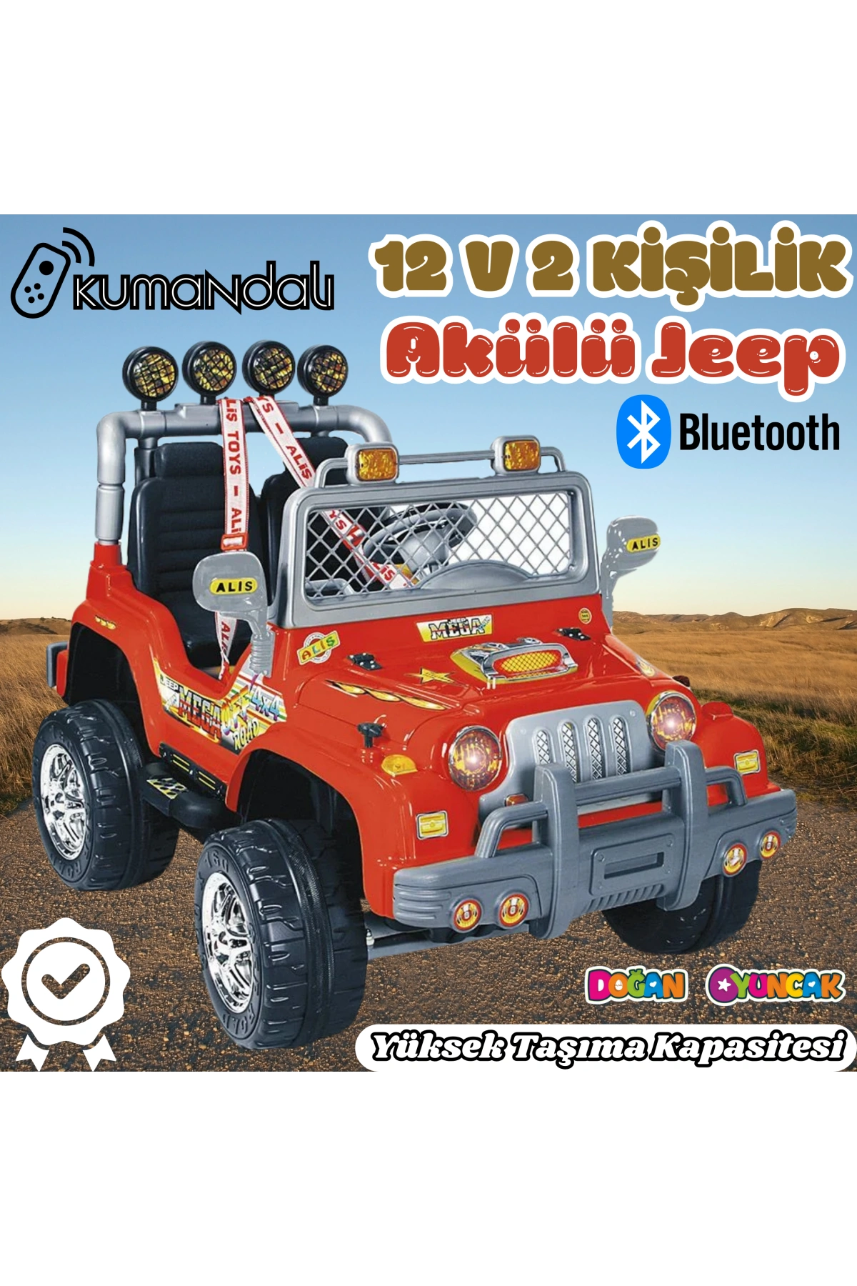 Kumandalı Çift Kişilik Mega Akülü Araba Kırmızı - 12 Volt İki Kişilik Akülü Araba Akülü JEEP - Mega Off Road Turbo Jeep