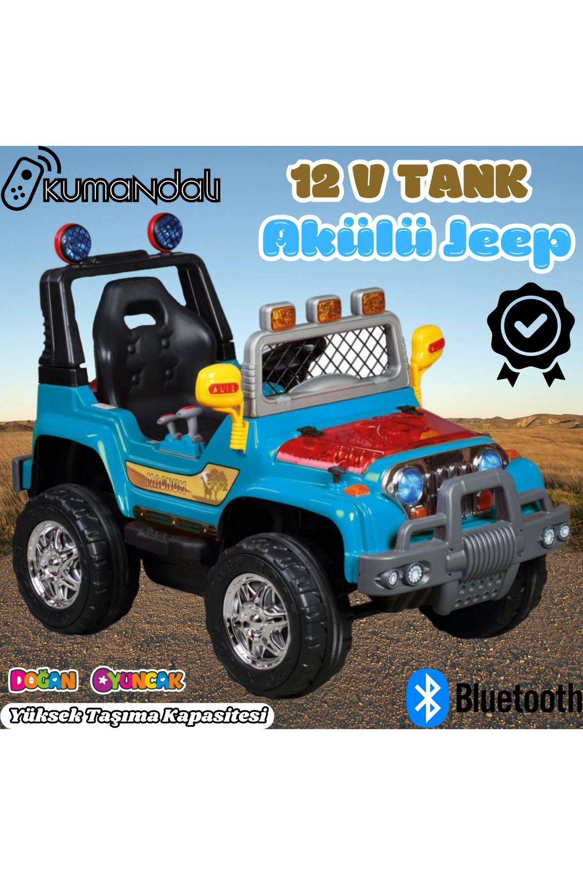 Kumandalı Mega Akülü Araba Mavi - Kumandalı 12 Volt Tek Kişilik Akülü Araba Akülü JEEP - Mega Off Road Turbo Jeep